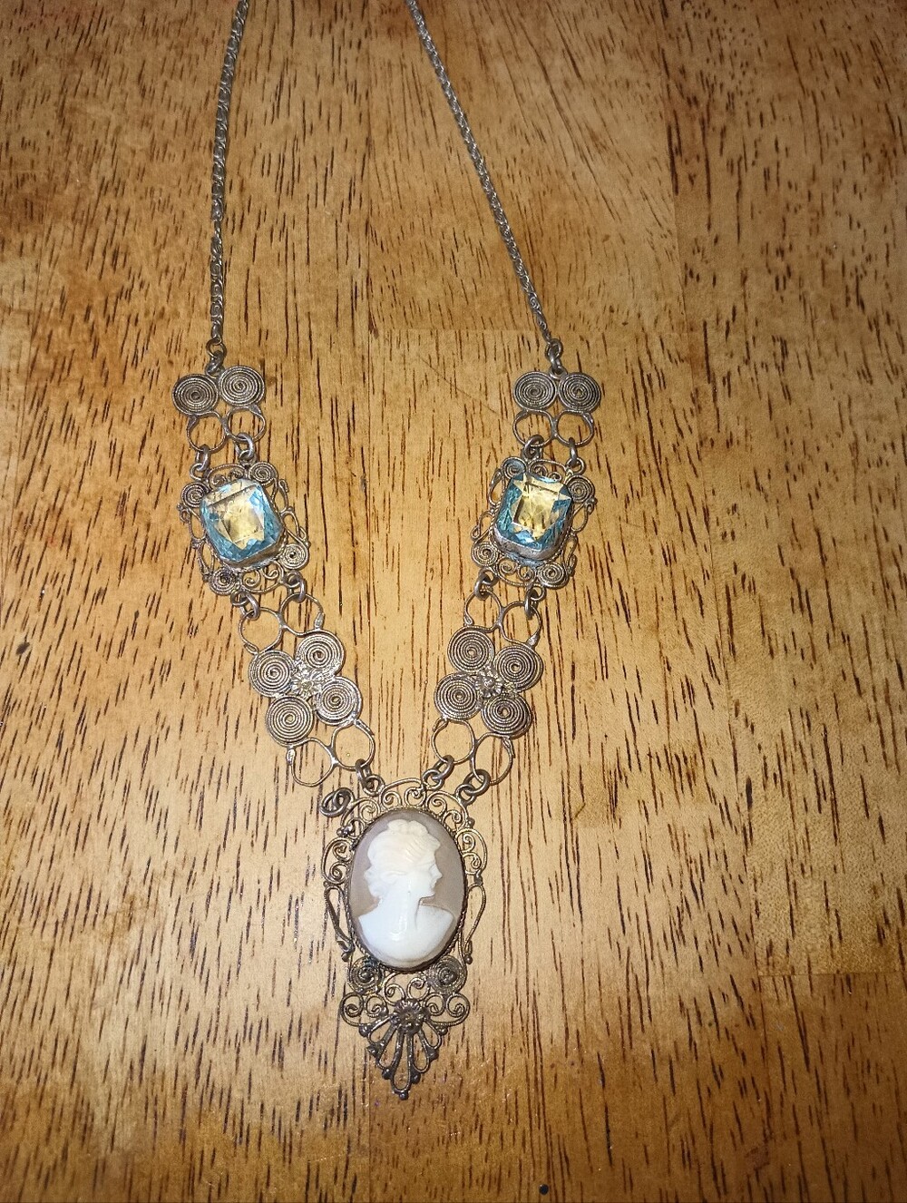 Old! Cameo And Baby Blue Glass Spun Silver Filigree Necklace.